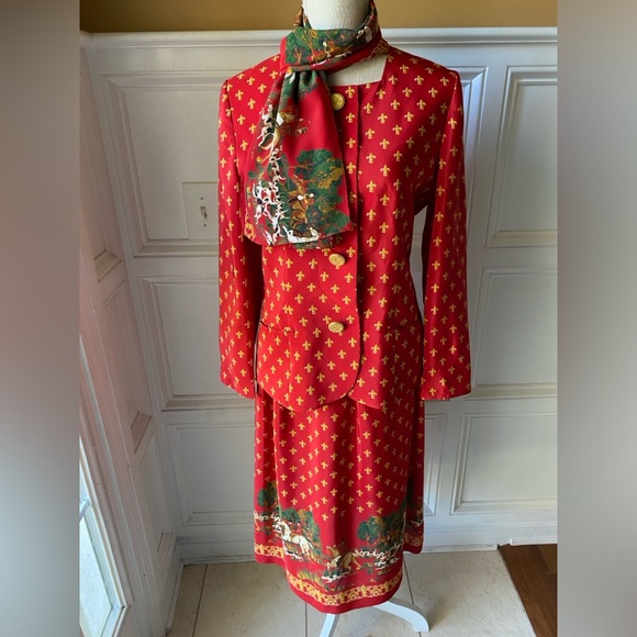 Leslie Fay Dresses & Skirts - VTG FOX HUNT LESLIE FAY 3PC SKIRT BLOUS SCARF SET HOUNDS EQUESTRIAN HORSES 8